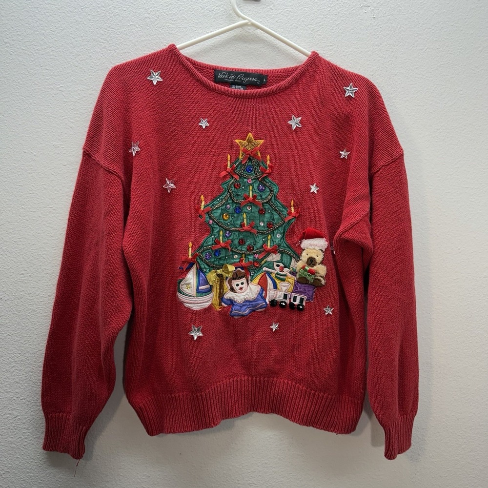 Vintage Work in Progress Festive Christmas Holiday Sweater SZ L Embellished Tree